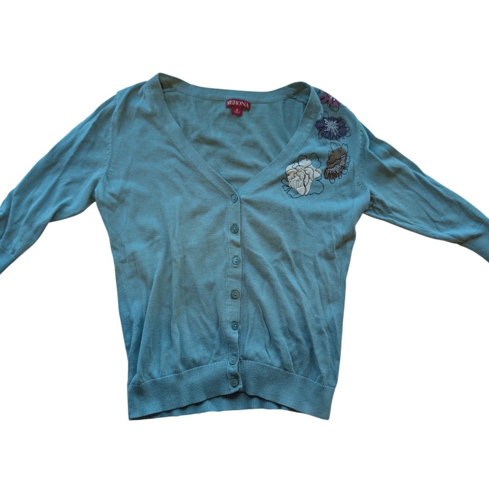 Cottagecore Teal Cotton Floral Beaded V-Neck Cardigan Sweater Size Small